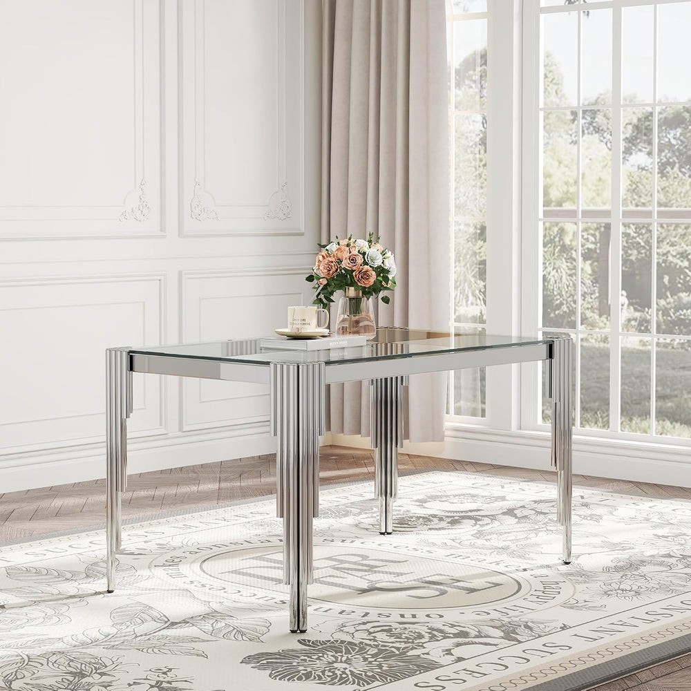 Modern Rectangle Glass Dining Table for 4-6 People, 53" Clear Tempered G...