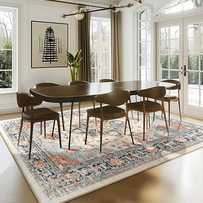 Area Rugs 7'x9' Washable Non-Slip, Floral Vintage Distress Print Pattern by RELEANY