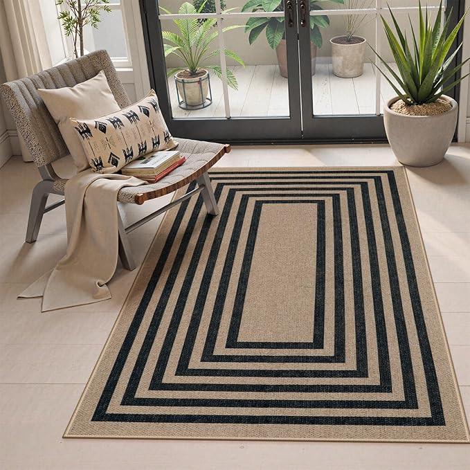 Lahome Enfys Modern Geometric Easy Jute Outdoor Rug, 3x5 Black Washable Kitchen by Lahome