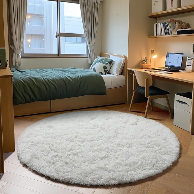ONASAR Cream White Round Area Rug 4ft, Fluffy Ultra Soft Bedroom Circle Rugs - Image 3