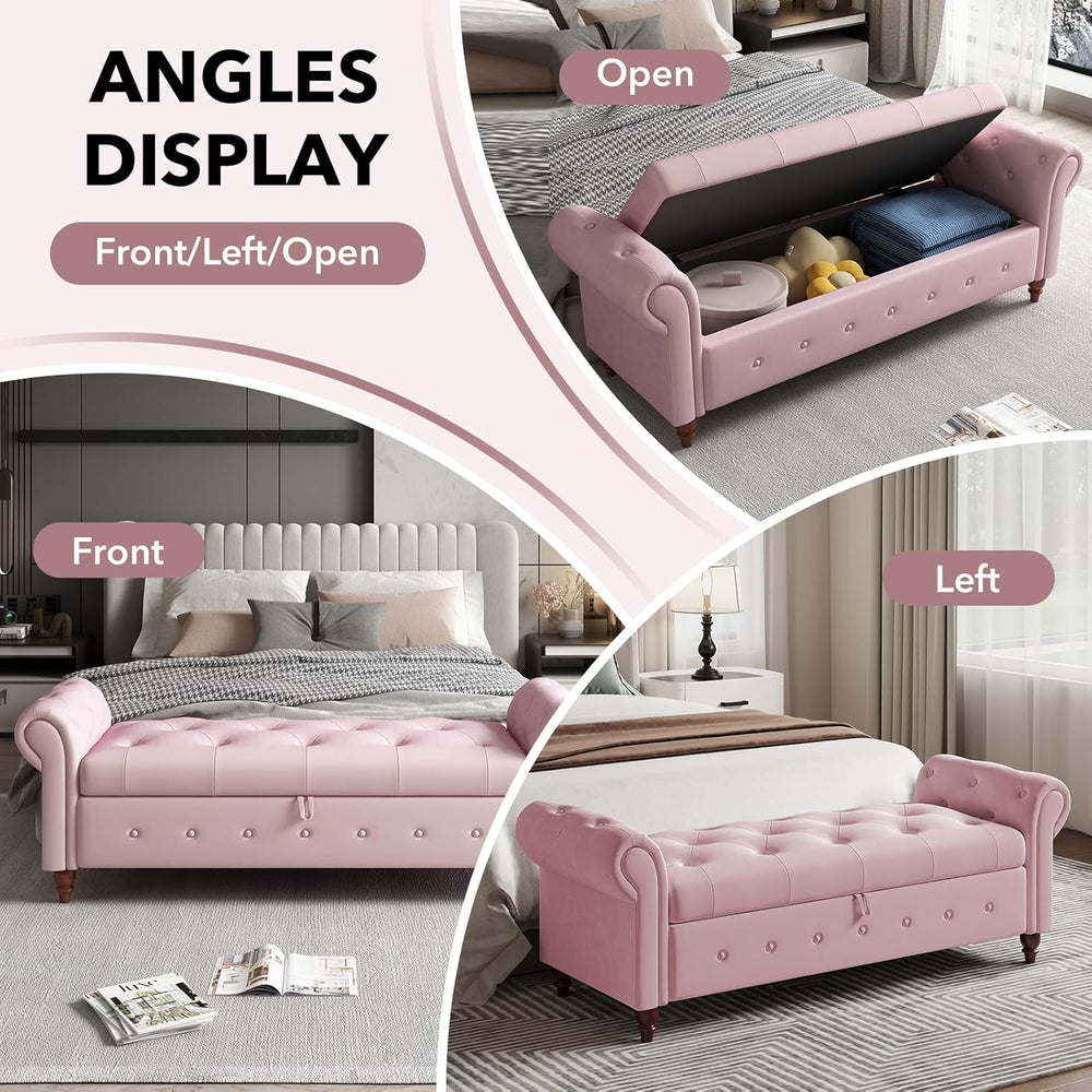 63" Wide Storage Bench, Velvet Upholstered End of Bed Bench with Pull Ri...