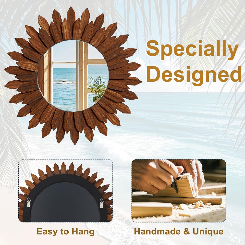 20" Walnut Round Sunburst Wooden Mirror Boho Rustic Wall Decor