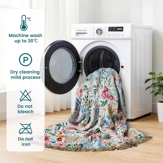 MSGKV Boho Throw Blanket 60"x80" Bed Floral 100% Cotton Blanket Spring - Image 7