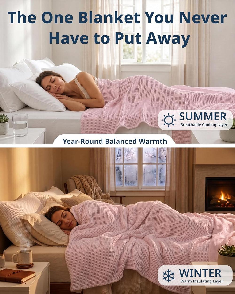 LANE LINEN Queen Blanket for Bed, 100% Cotton Waffle Weave - Cherry Blossom