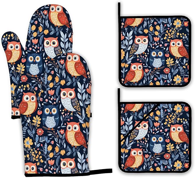Colorful Cute Owl Oven Mitts and Pot Holders, Heat Resistant Oven Mitts Gloves by Unknown