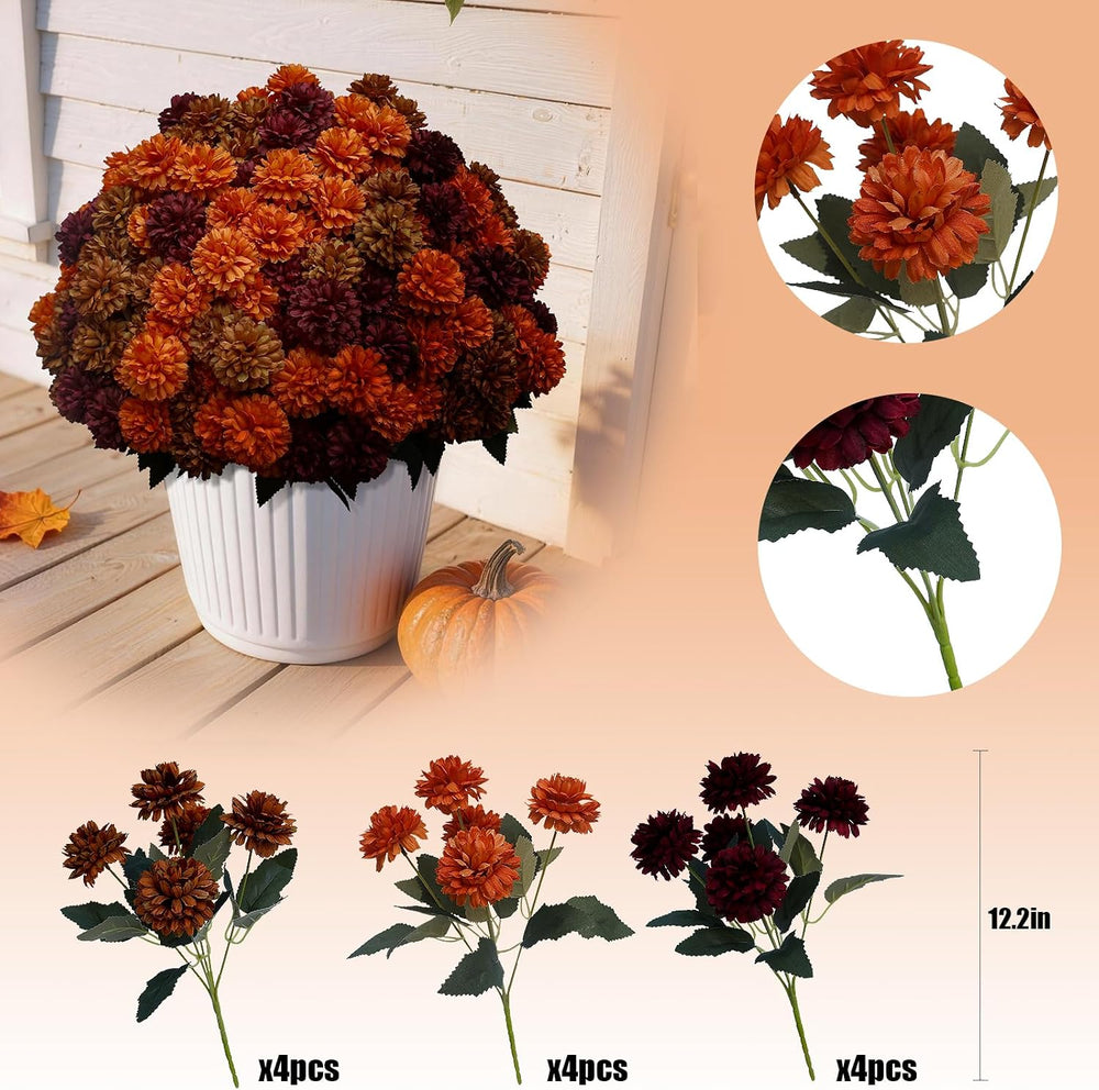 12 Bundles Artificial Fall Mums Outdoor Flowers, UV Resistant Faux Autumn Dai...