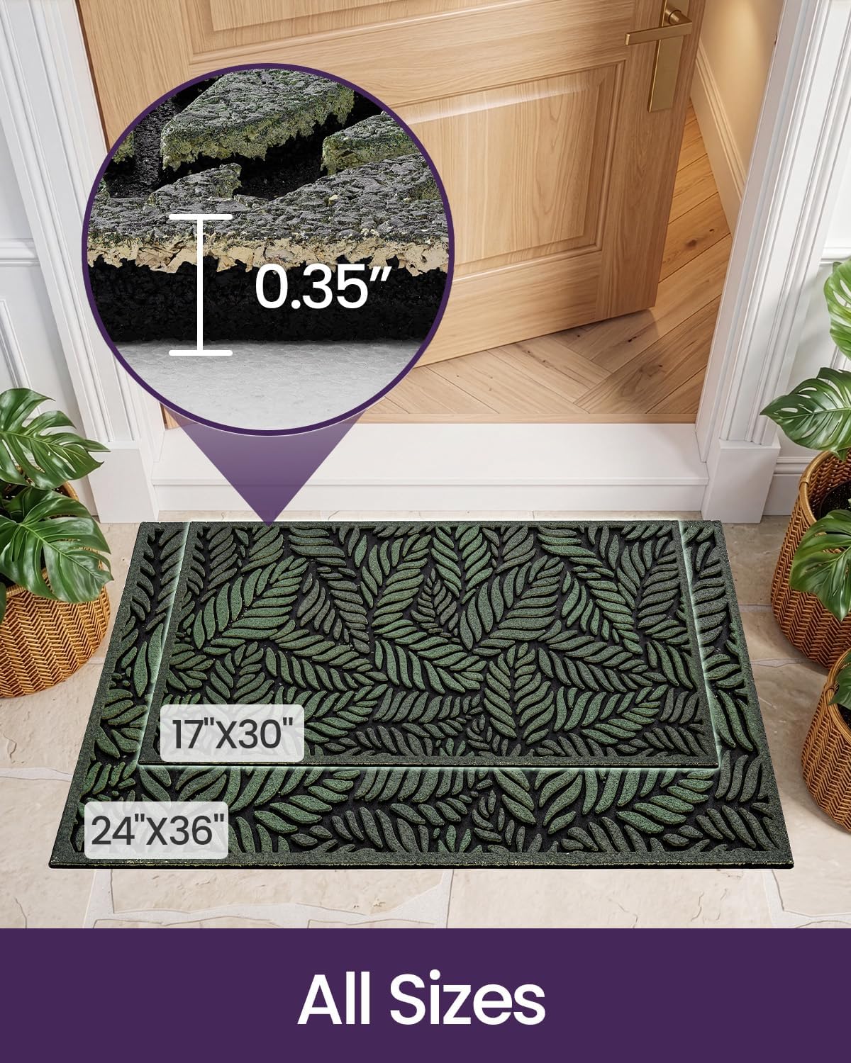 DEXI Front Door Mat Outside Entrance 17x30 Rubber Entry Doormat Green Leave | Heavy Duty Non Slip, Welcome Entryway Mats Dirt Trapping for Exterior Patio Garage, Leaves Design