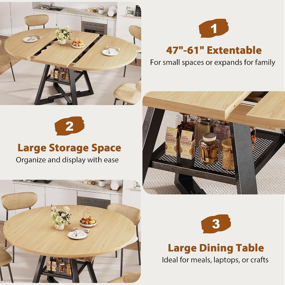 Extendable Round Dining Table for 4-8, Round to Oval Dining Table with Open S...