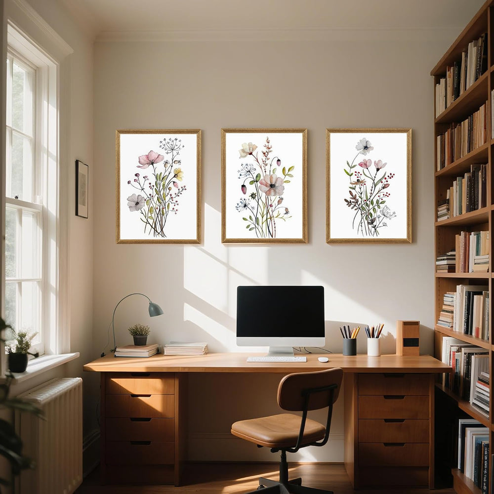 WRFON Framed Botanical Canvas Wall Art Set of 3, Watercolor Floral Prints, Fr...