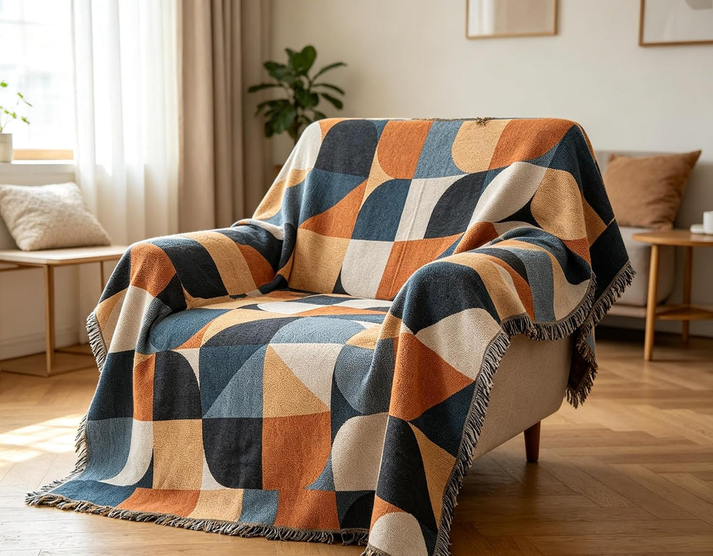 Luxlovery Beige Bohemian Sofa Throw Blankets Ethnic Woven Boho Geometric Mult...