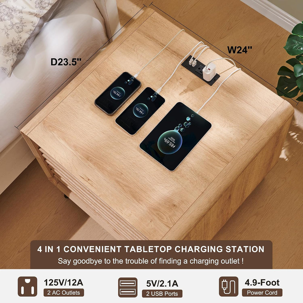RedLemon 24" Fluted Nightstand with Charge Station, Natural Oak