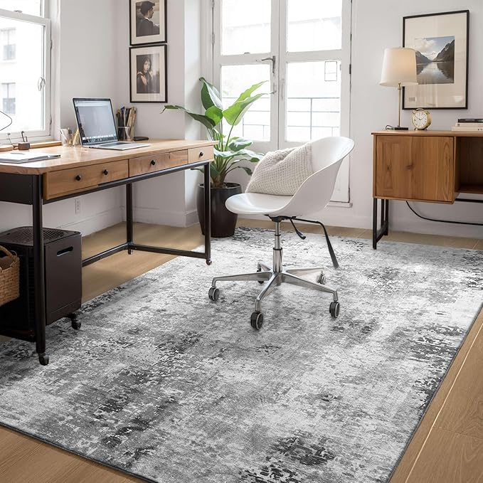 Area Rug 4x6 Grey Rug Washable Boho Rugs Non Slip Low Pile Abstract Small Carpet - Image 3