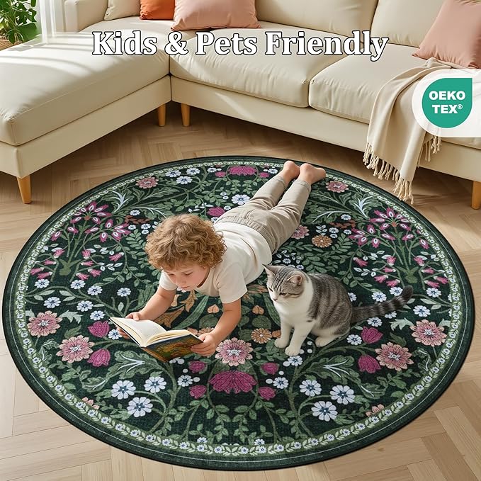 Round Area Rug for Living Room: 6 ft Floral Washable Circle Rug Soft Boho - Image 8