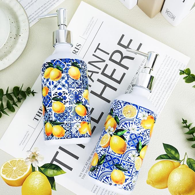 2 Pcs Blue Tiles Lemon Soap Dispenser Blue Tile Yellow Capri Lemon Glass - Image 3