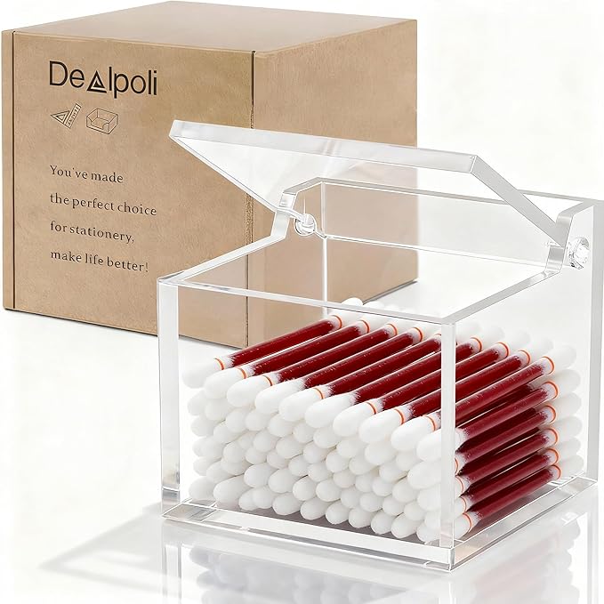 Clear Acrylic Qtip Holder With Lid Cotton Balls Swab Organizer, Square Q Tip by Dealpoli