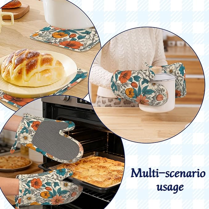 Vintage Floral Potholders & Oven Mitts Sets Abstract Flowers Silicone Heat - Image 6