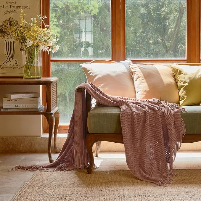 lifein Pink Throw Blanket for Couch, Soft Boho Decor Bed Throw, Cozy Chenille - Image 2