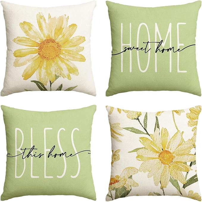 AVOIN colorlife Home Sweet Home Spring Summer Flowers Green Throw Pillow Covers by AVOINcolorlife