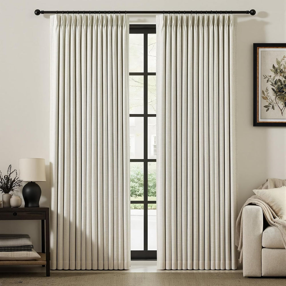 Natural Pinch Pleated 100% Blackout Linen Curtains 90 Inch Length