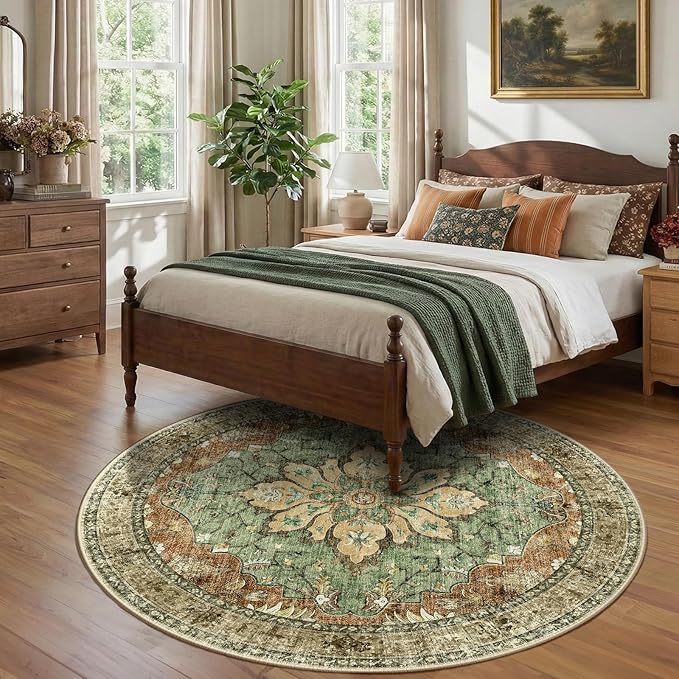 Area Rugs 7ft Washable Non-Slip, Floral Vintage Distress Print Pattern - Image 2