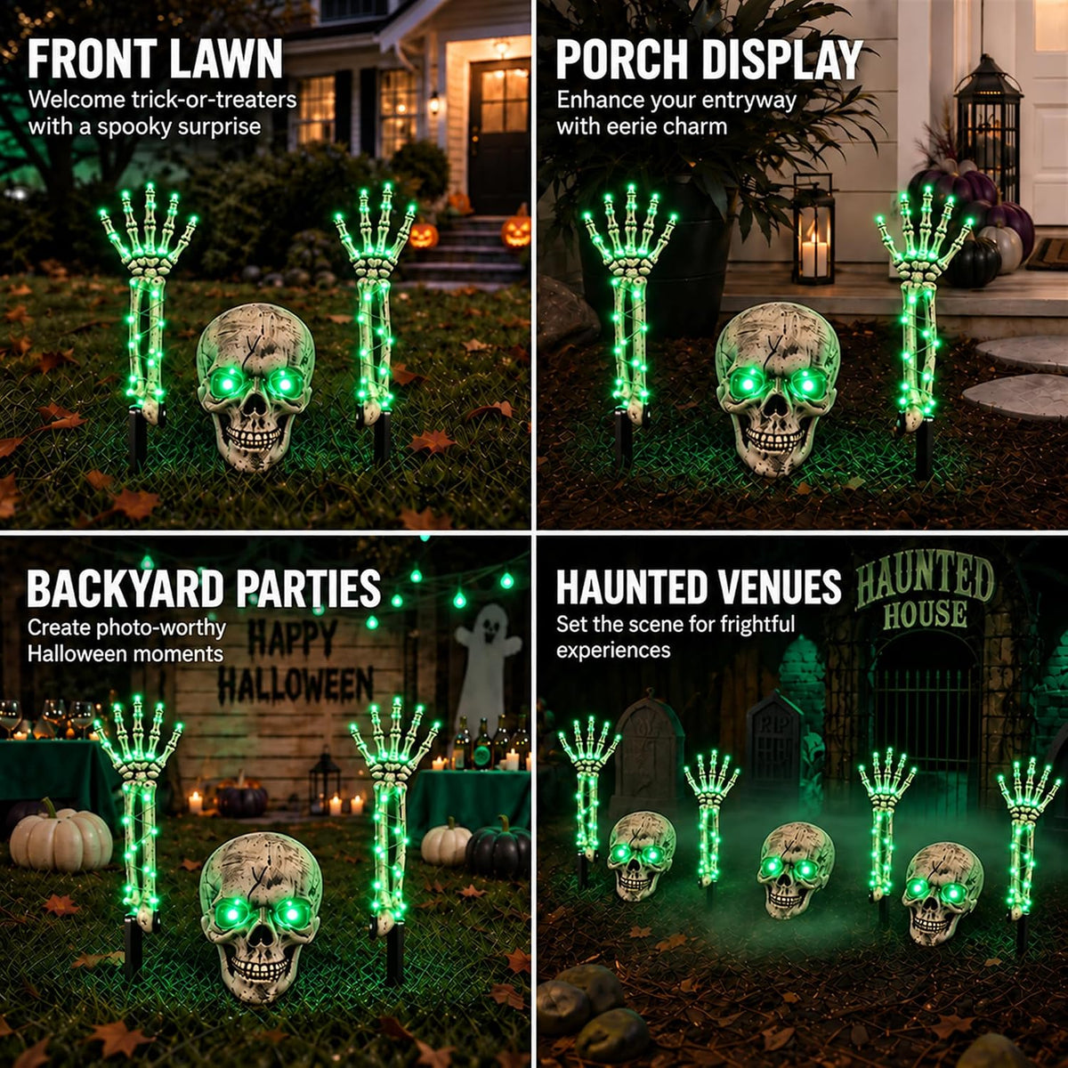 Halloween Skeleton Decorations Outdoor, 3-Piece Green LED Yard Stakes, Skull with Glowing Eyes & 18.7-Inch 8-Mode Lighted Arms, Battery-Powered for Lawn, Garden, Graveyard and Haunted House Scene