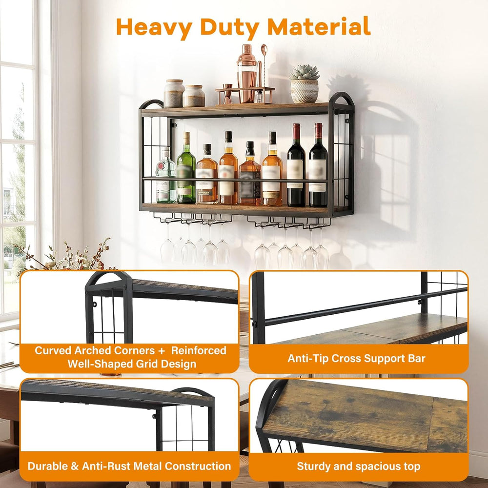 Wall Mounted Wine Rack, Floating Bar Shelf with 2 Tier Wood Shelves and Wine ...
