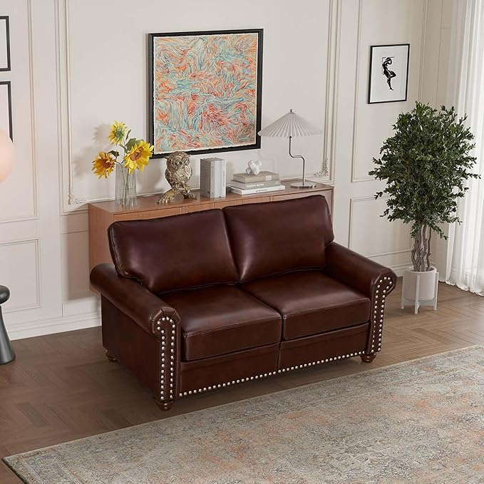 Faux Leather Loveseat Sofa, 59" W Mid Century Modern Couch with Storage, Comfy 2 Seater Sofa with Nailhead Trim & Rolled Armrests, Deep Seat Small Couch for Living Room, Apartment, Office (Burgundy)