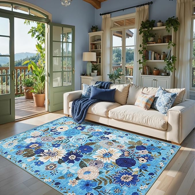 Area Rug 4x6 Rug Washable Boho Rugs Non Slip Low Pile Floral Small Carpet by WelcometoBabovid