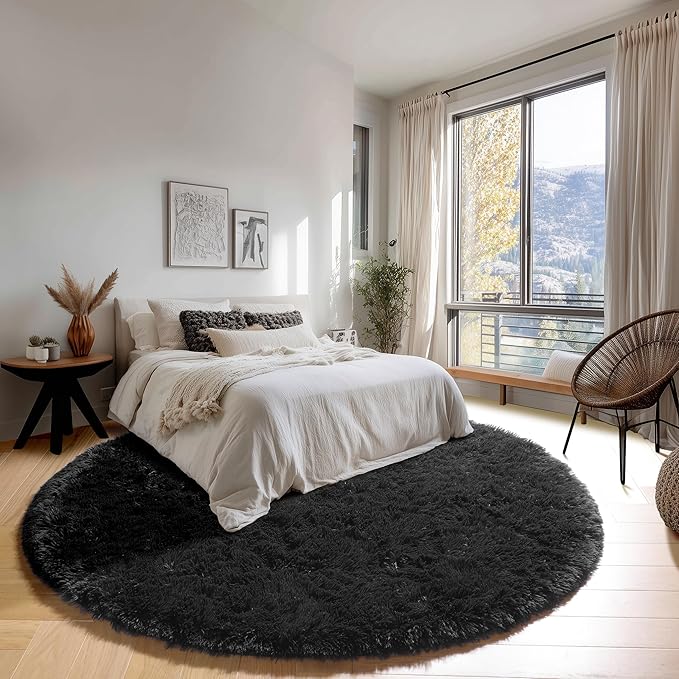 ONASAR Black Round Rugs 8ft for Living Room, Fluffy Bedroom Circle Area Rug - Image 3