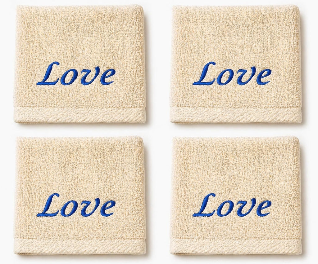 Liberty21 Custom Embroidered Washcloth Towel Set for Body and face, Makeup. 100% Soft Cotton Reusable Cleansing Cloths, Set of Four. (Tan)