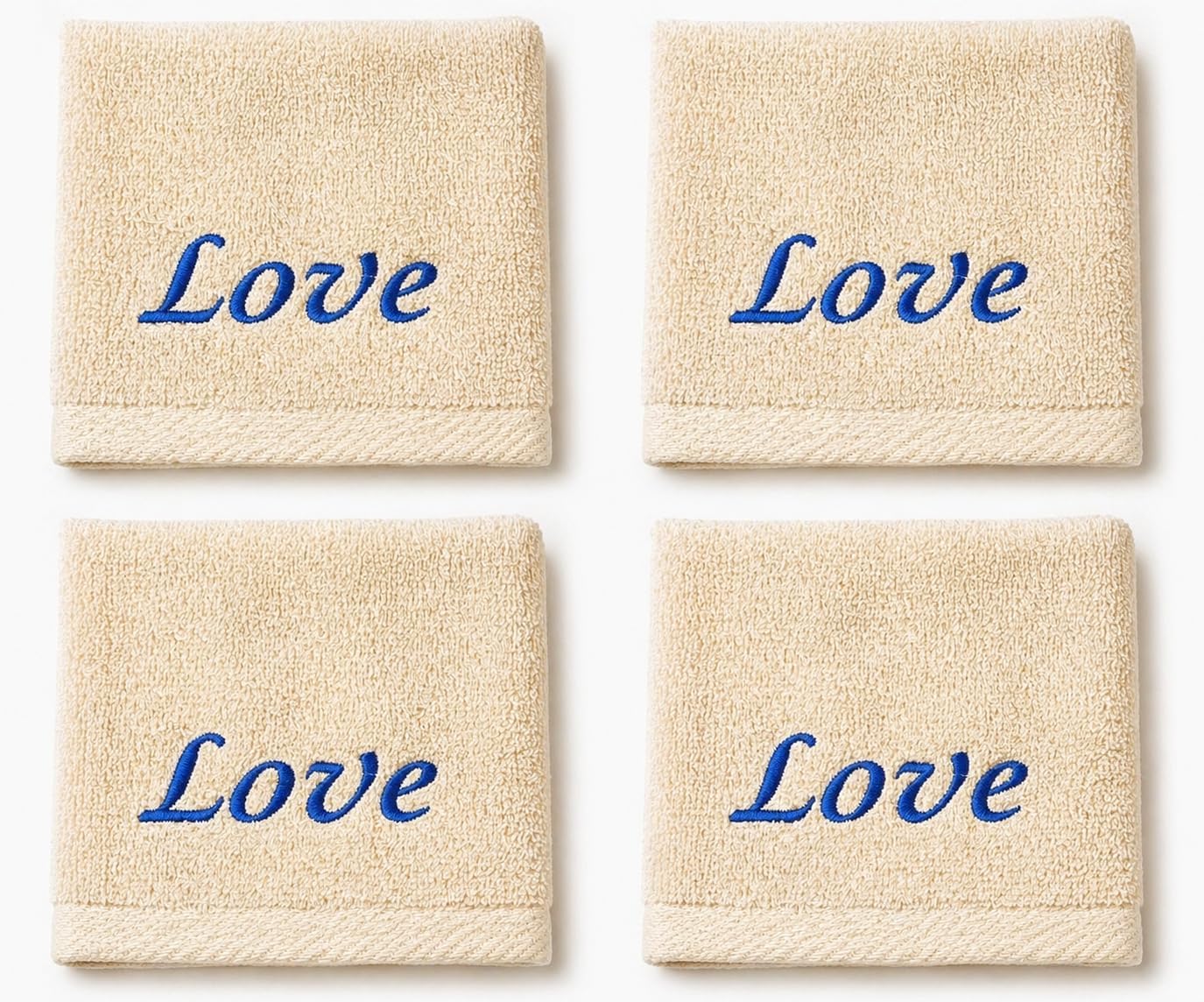 Liberty21 Custom Embroidered Washcloth Towel Set for Body and face, Makeup. 100% Soft Cotton Reusable Cleansing Cloths, Set of Four. (Tan)