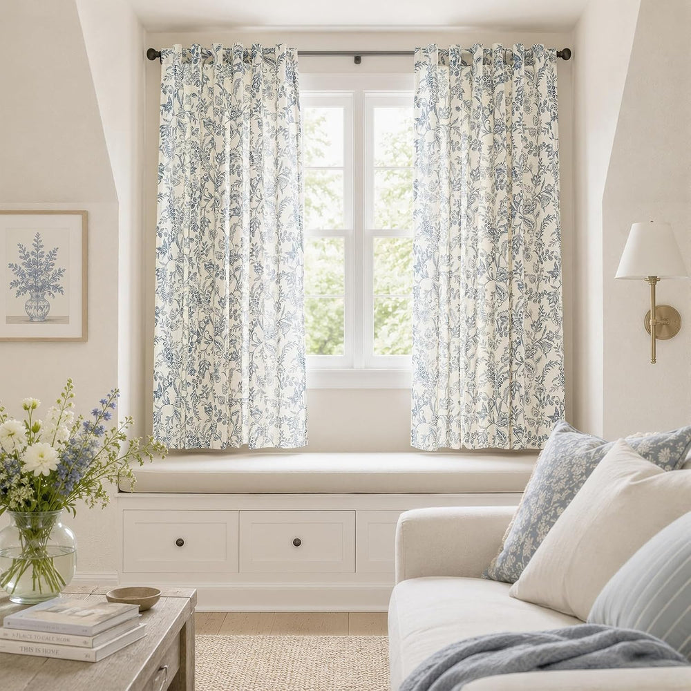 Lazzzy Blue Floral Linen Curtains Farmhouse Rod Pocket 50W X 63L 2 Panels