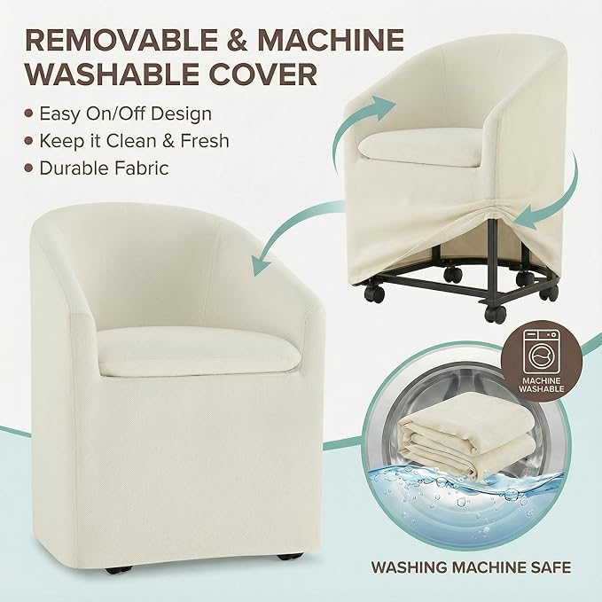 Upholstered Dining Chairs with Casters, Washable Cover Modern Dining Room Cha...