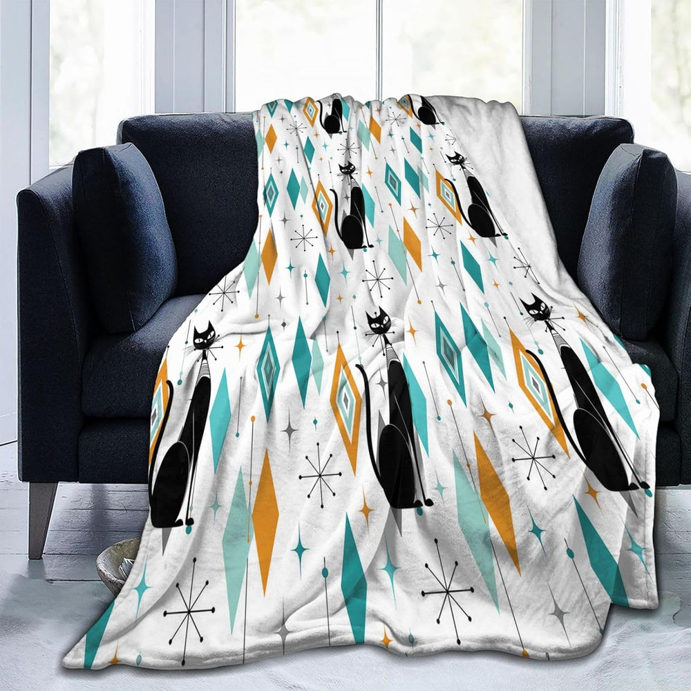Mid Century Cat Fleece Throw Blanket Soft Flannel Plush Lightweight Warm Cozy...