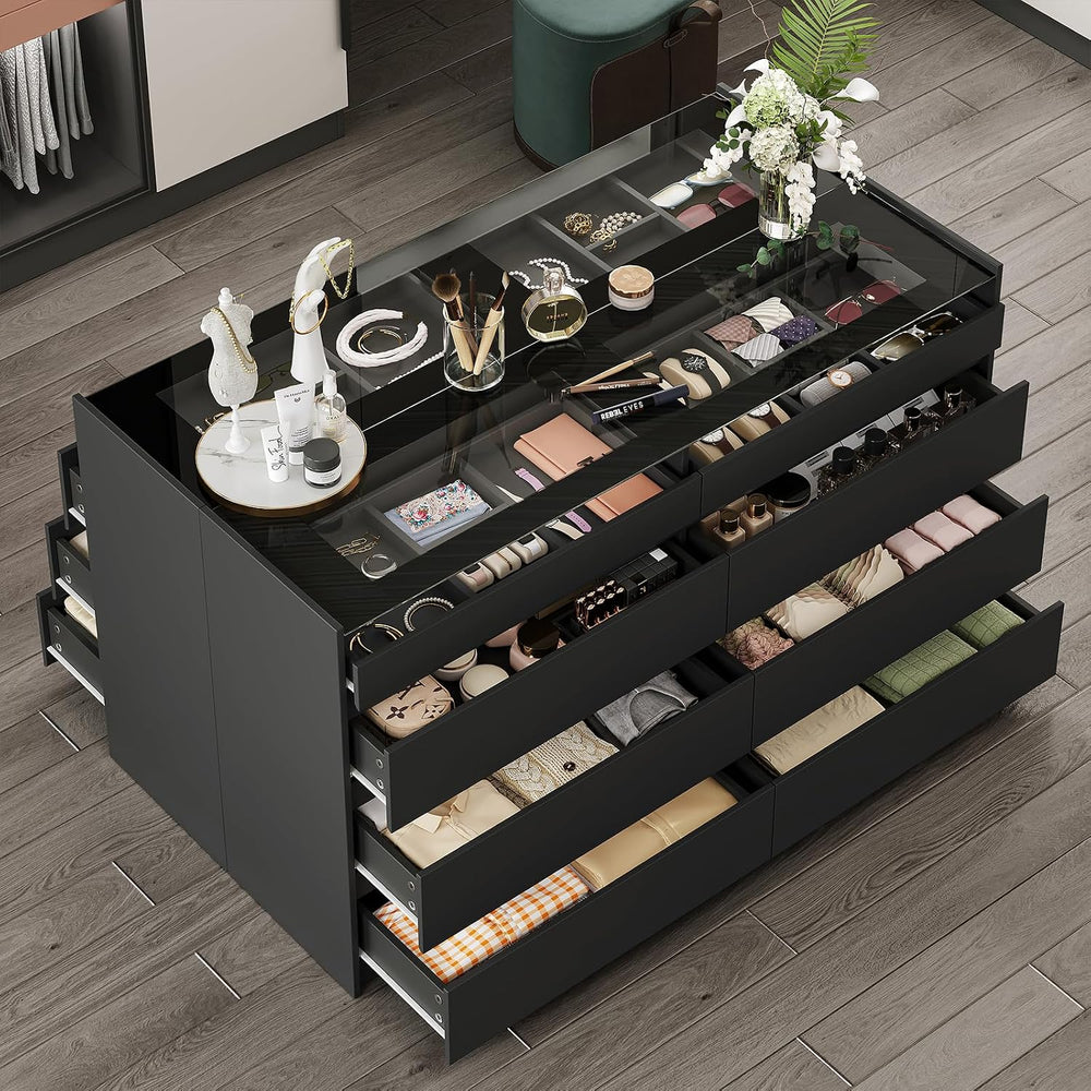 LIVAUVEAD 16 Drawer Closet Island with Glass Top & LED Light, Black