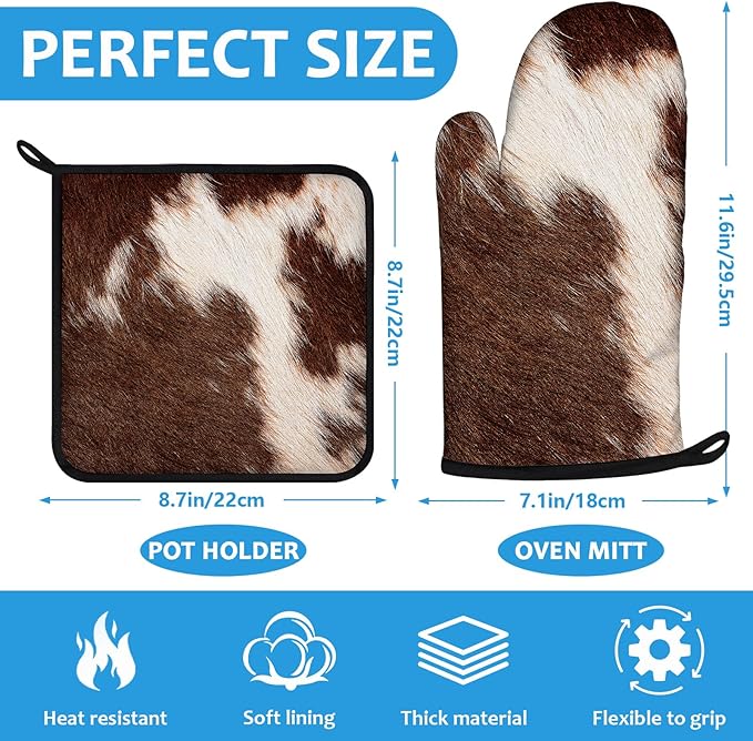Brown Cow Print Oven Mitts and Pot Holders Sets Heat Resistant 4Pcs Potholders - Image 2