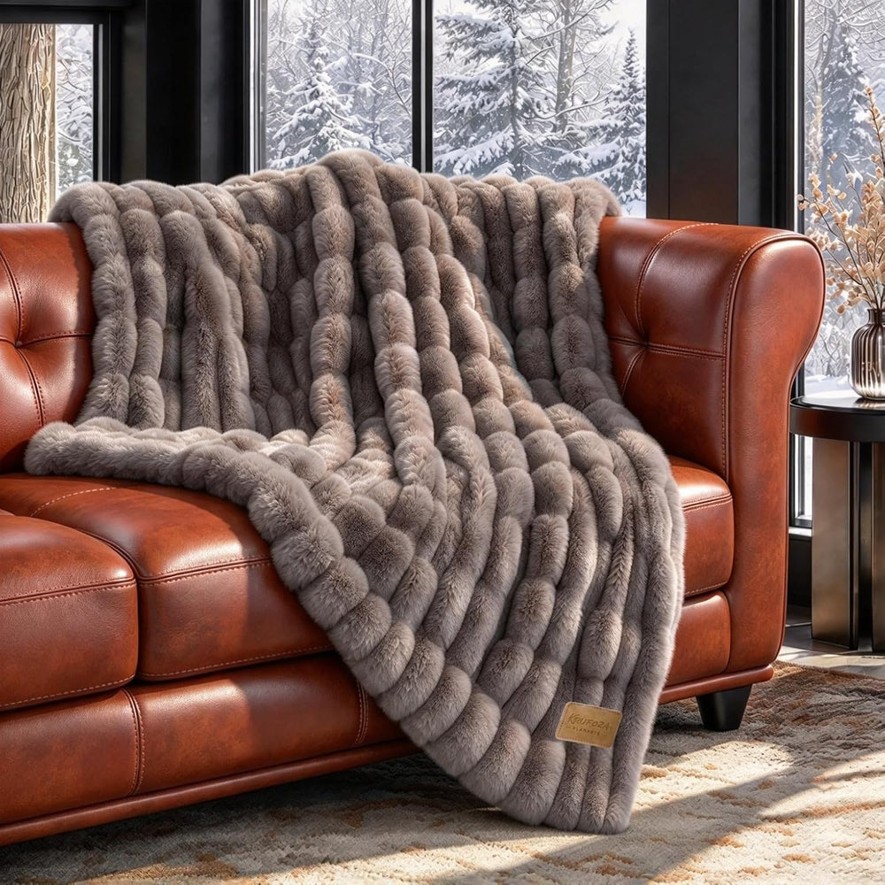 1000 GSM Double-Sided Faux Fur Throw Blanket, 50" x 60", Dune Brown...
