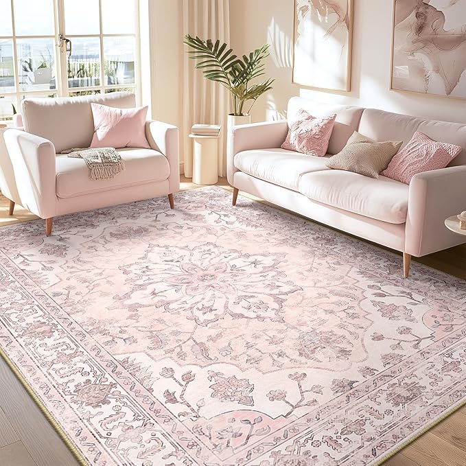 Area Rugs 8'x10' Washable Non-Slip, Floral Vintage Distress Print Pattern - Image 3
