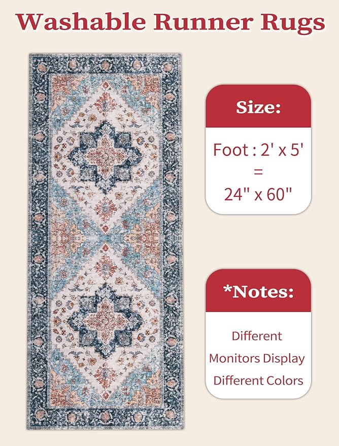 SERISSA Boho Washable Runner Rug, 2x5 Rug Non-Slip Vintage Blue Orange Hallway - Image 2