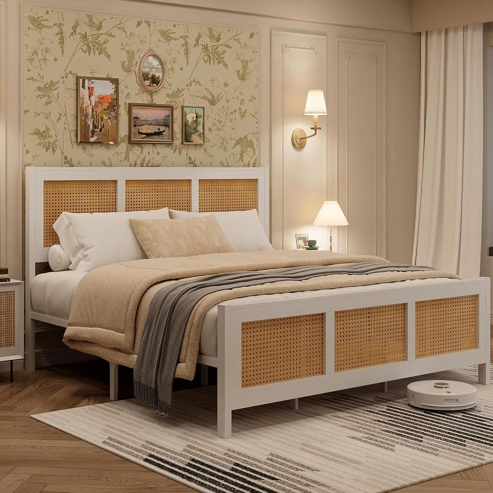 IDEALHOUSE Rattan Bed Frame with Headboard, Boho Queen Bed Frame, White