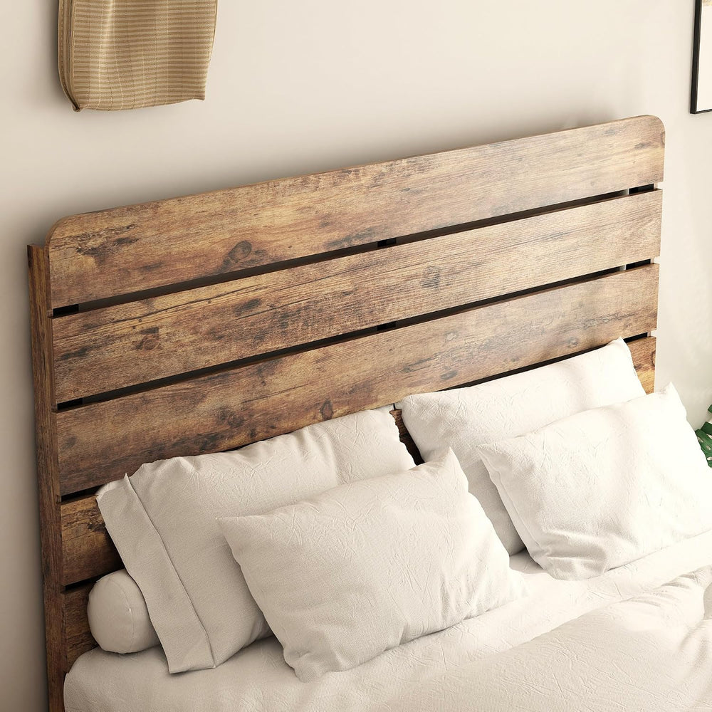 Wooden Full Size Bed Frame with Linear Headboard, Rustic Platform