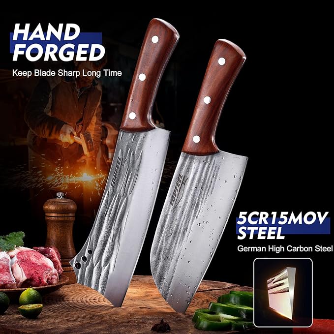 Topfeel 2PCS Meat Cleaver & Heavy Duty Bone Chopper Knife Set, Hand Forged - Image 4