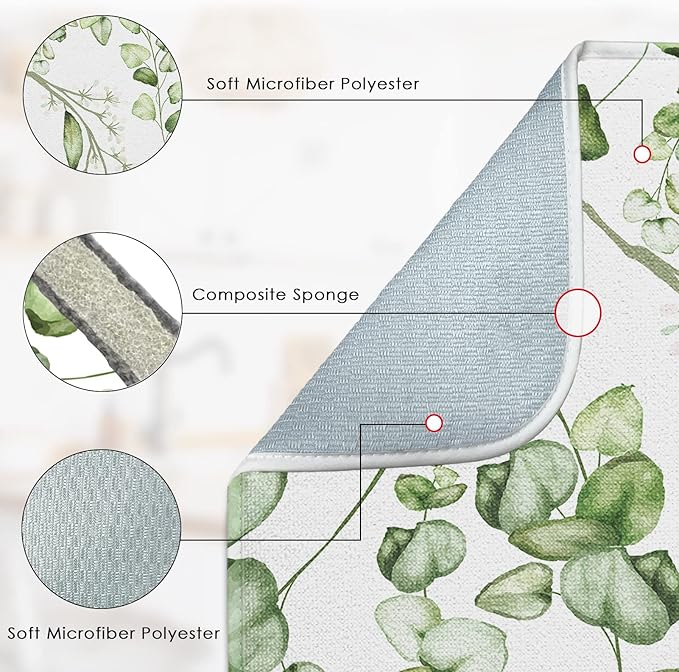 Sanwarm Absorbent Dish Drying Mat, Vintage Summer Eucalyptus Leaves Flower - Image 3
