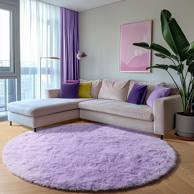 ONASAR Light Purple Round Area Rug 4ft, Soft Bedroom Circle Rugs Floor Mats - Image 4