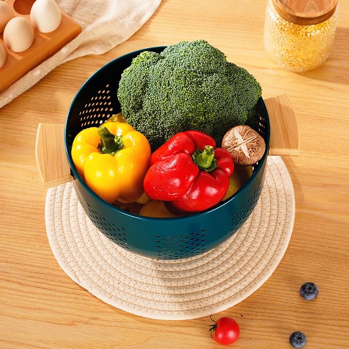 Metal Colander with Wood Handle, Powder Coated Steel Large Kitchen Strainer - Image 4