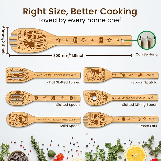 CUTHOLLOW 6PCS Cartoon Cats Wooden Kitchen Cooking Utensil Set, 11.9in Non - Image 2