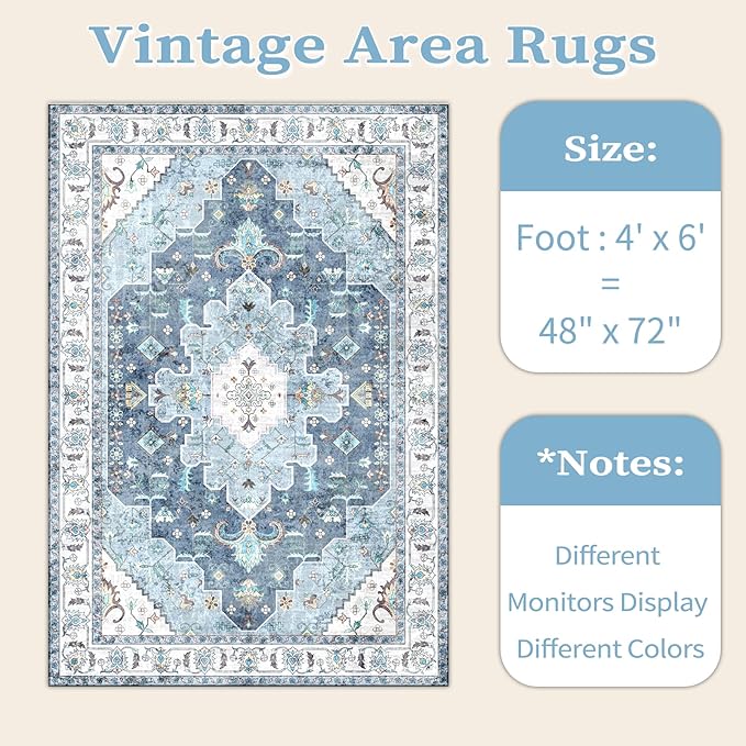 SERISSA Area Rug 4x6 Boho Rugs for Bedroom, Vintage Blue Washable Non Slip Rugs - Image 7