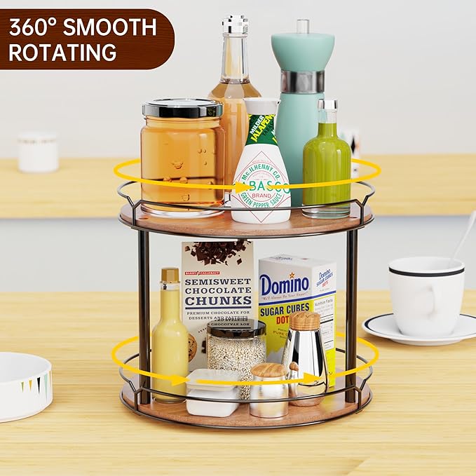 12.4" Lazy Susan Organizer 2 Tier, Rotating Spice Rack, Wooden Spinning ...