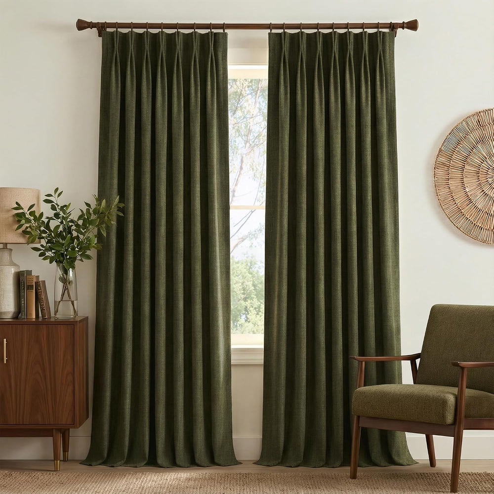 NICETOWN Vintage Olive Dark Green Pinch Pleated Linen Curtains 90 inch Long