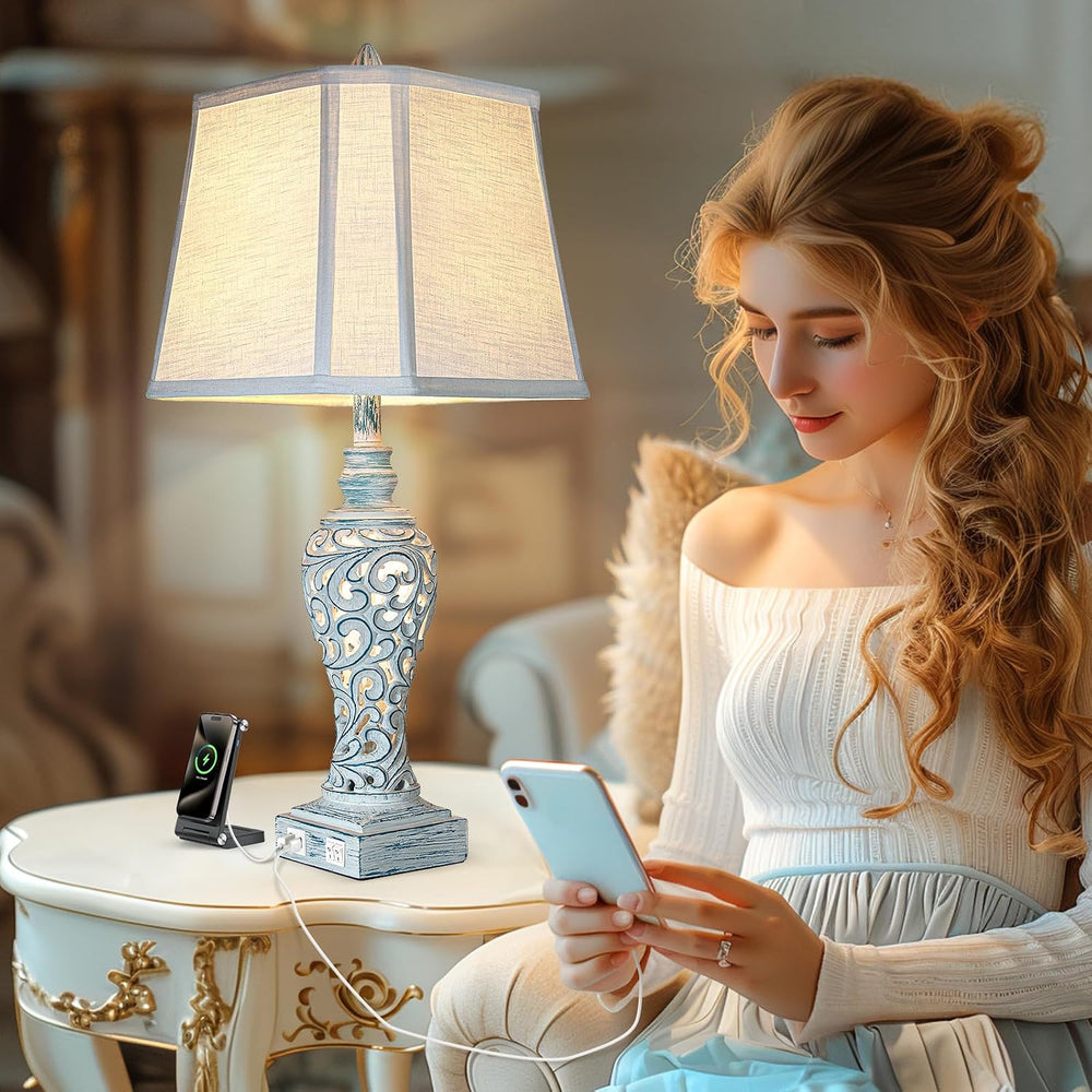 LuxSight Collection Bedside Table Lamps Set of 2 with Night Lights, Vintage